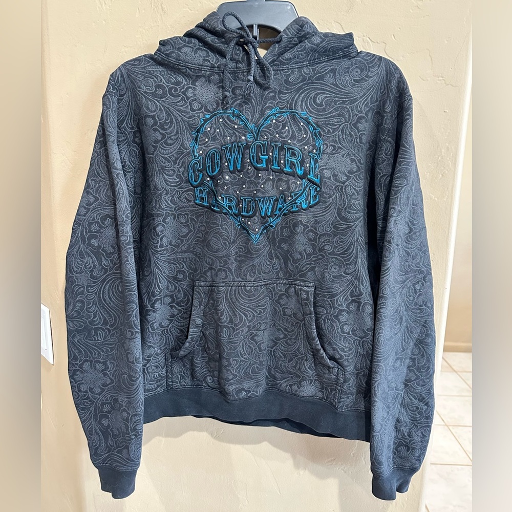 Cowgirl Hardware Black Grey Paisley Hoodie Blue Logo Rhinestones Bling Heart M - Picture 15 of 15